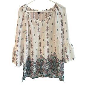 Zac & Rachel Women’s Geometric Peasant Blouse Top Size‎ Large Boho Flowy